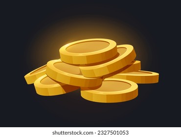 Tesoro monedas de oro para el concepto de juegos. Lujo y riqueza, moneda. Finanzas y economía. Afiche o cartel para el sitio web. Ilustración vectorial isométrica de caricatura aislada en fondo negro