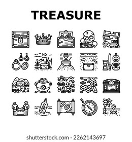 Treasure Golden Jewels In Chest Icons Set Vector. Pirate Gold And Skull, Gemstone And Jewelry Accessories, Leprechaun And Compass Black Contour Illustrations