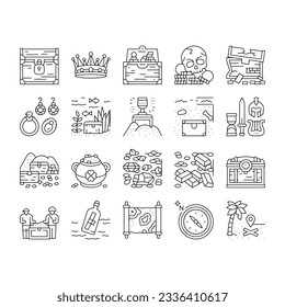 Treasure Golden Jewels In Chest Icons Set Vector. Pirate Gold And Skull, Gemstone And Jewelry Accessories, Leprechaun And Compass Equipment For Searching Treasure Black Contour Illustrations