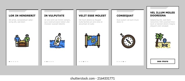 Treasure Golden Jewels In Chest Onboarding Mobile App Page Screen Vector. Pirate Gold And Skull, Gemstone And Jewelry Accessories, Leprechaun And Compass Equipment For Searching Treasure Illustrations