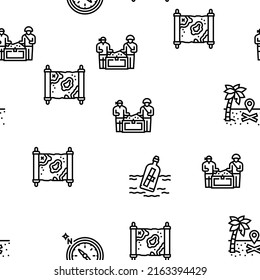 Treasure Golden Jewels In Chest Vector Seamless Pattern Thin Line Illustration