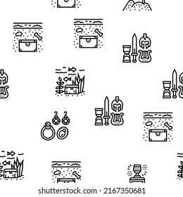 Treasure Golden Jewels In Chest Vector Seamless Pattern Thin Line Illustration