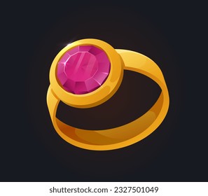 Atesora el anillo dorado para el concepto de juegos. Lujo y riqueza. Accesorio y decoración con rubí rojo. Plantilla, disposición y burla. Ilustración vectorial isométrica de caricatura aislada en fondo negro