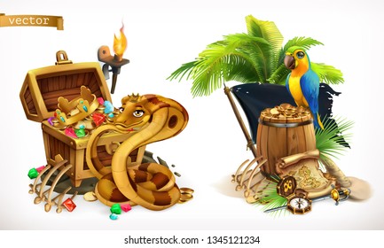 Treasure Hunt And Adventure. Game Logo 3d Vector Icon Set