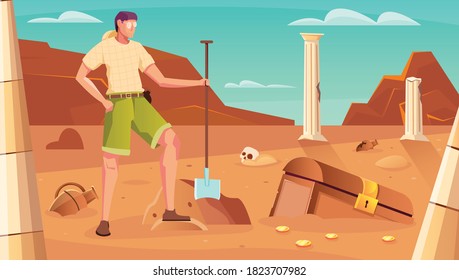 Treasure hunt background with chest digging symbols flat vector illustration 