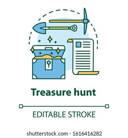 Treasure hunt concept icon. Arheological expedition. Historical research. Search and excavation of ancient antique chest idea thin line illustration. Vector isolated outline drawing. Editable stroke