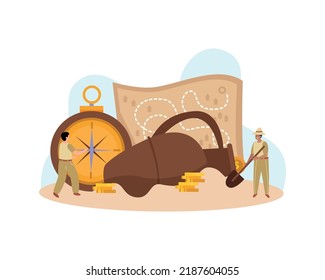 Treasure hunt flat background with ancient artefact map compass coins in sand and two adventurers with shovel vector illustration