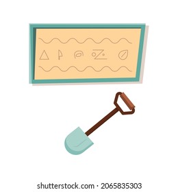 Treasure hunt flat composition with board of ancient symbols and shovel vector illustration