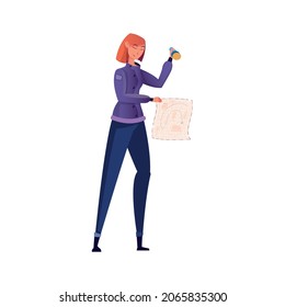 Treasure hunt flat composition with female character holding torch and paper map vector illustration