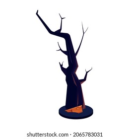 Treasure hunt flat composition with image of chest dug in ground under dried up tree vector illustration