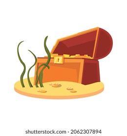 Búsqueda de tesoros composición plana con imágenes de arena y pecho de maleza marina con ilustración de vector de oro