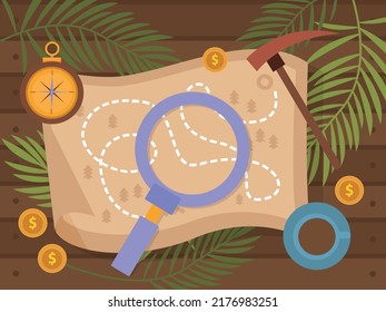 Treasure hunt flat composition with top view of magnifier on map with compass and mattock vector illustration