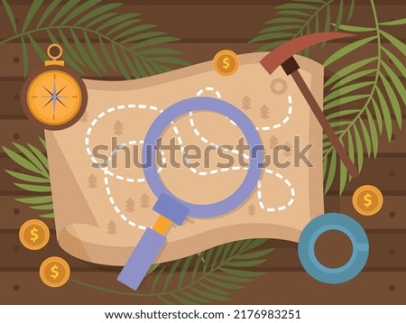 Treasure hunt flat composition with top view of magnifier on map with compass and mattock vector illustration