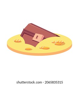 Treasure hunt flat composition with wooden chest dug in sand with gold coins vector illustration