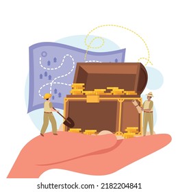 Treasure hunt flat concept with human hand holding chest with gold coins map and two human characters vector illustration