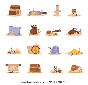 Treasure hunt flat icons set with old chests scroll compass map and human characters with archaeological tools isolated vector illustration