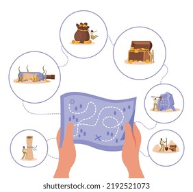 Búsqueda de tesoros fondo de estilo plano con composiciones redondas con bolsa de botellas de pecho con oro y manos humanas sosteniendo el mapa ilustración del vector