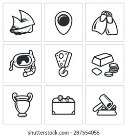 Treasure hunt icons set. Vector Illustration.
Isolated Flat Icons collection on a white background for design