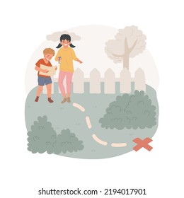 Treasure hunt isolated cartoon vector illustration. Scavenger hunt for kids, family leisure time, children holding a map with clues, treasure hunting game, searching on backyard vector cartoon.