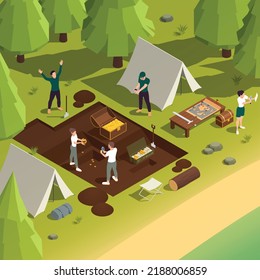 Treasure hunt isometric concept with people searching for coing chest in forest vector illustration