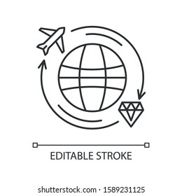 Treasure hunt linear icon. Worldwide search for artifacts. Discover jewels. Travel to explore. Repatriation. Thin line illustration. Contour symbol. Vector isolated outline drawing. Editable stroke