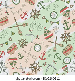 Treasure hunt mix of chest, boat, shipwheel, anchor, sword. A playful, modern, and flexible pattern for brand who has cute and fun style. Repeated pattern. Happy, bright, and nautical mood. 