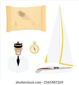 Treasure hunt. Pirate treasure map, yacht boat, captain and compass vector icon set