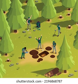 Treasure hunt quest concept with people solving adventure puzzles outdoors isometric vector illustration