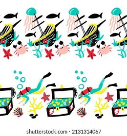 Treasure Hunt Ship Wreck Vector Seamless Horizontal Borders Set