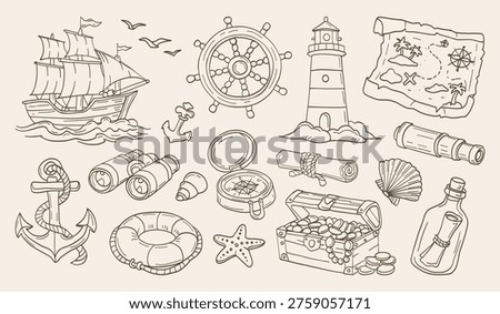 Treasure hunt sketch draws adventure's core. Sailboat, compass, and lantern glow with mystery. Starfish, anchor, and map hint at hidden riches. Treasure chest brims with gold and wonder