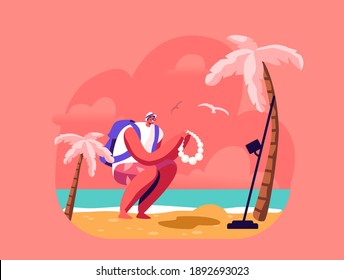 Treasure Hunter Adventure Experience Concept. Personaje masculino feliz aventurero con mochila y detector de metales encuentra joyería en isla tropical. Hombre Cazando Riches Antiguos. Ilustración del vector de dibujos animados