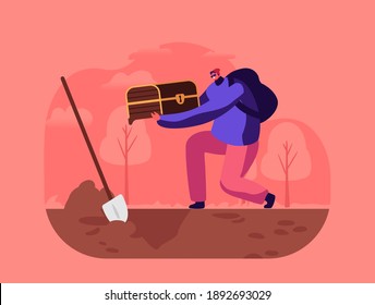 Treasure Hunter Adventure Experience Concept. Happy Adventurer Male Character with Backpack and Shovel Find Hidden Chest with Gold. Man Hunting Ancient Riches and Wealth. Cartoon Vector Illustration