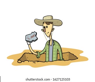 Treasure hunter with an artefact in his hand. Young archaeologist stranding in excavation pit with his finding. Flat vector illustration, isolated on white background.