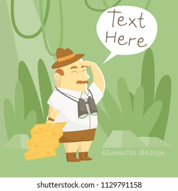 Treasure hunter cartoon character design is hunting the hidden locale from treasure map in his hand - Vector illustration.