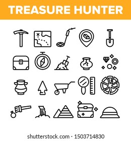 Treasure Hunter Collection Tool Vector Icons Set Thin Line. Map With Direction To Treasure, Compass And Miner Work Equipment Concept Linear Pictograms. Monochrome Contour Illustrations