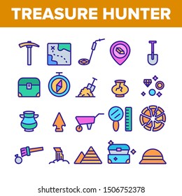 Treasure Hunter Collection Tool Vector Icons Set Thin Line. Map With Direction To Treasure, Compass And Miner Work Equipment Concept Linear Pictograms. Color Contour Illustrations