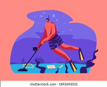 Treasure Hunter Diver Character in Scuba Diving Mask Research Ocean Bottom with Metal Detector Searching Sunken Treasures with Corals in Underwater Space, Adventure, Hobby. Cartoon Vector Illustration