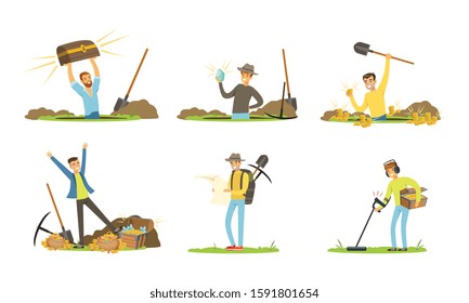 Treasure Hunter Holding Metal Sensor and Spade Looking For Gemstones Vector Illustrations Set