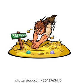Treasure Hunter Jumps Into Pile of Gold Cartoon Illustration Vector
