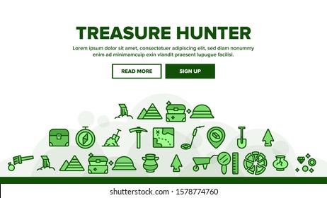 Treasure Hunter Landing Web Page Header Banner Template Vector. Map With Direction To Treasure, Compass And Miner Work Equipment Illustration