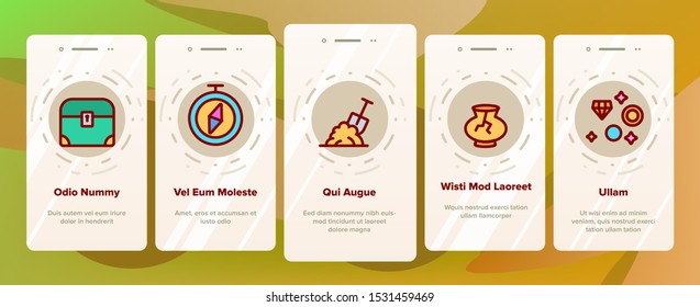 Treasure Hunter Onboarding Mobile App Page Screen Vector Icons Set Thin Line. Map With Direction To Treasure, Compass And Miner Work Equipment Concept Linear Pictograms. Color Contour Illustrations