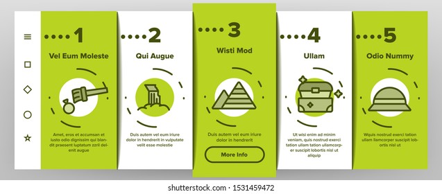Treasure Hunter Onboarding Mobile App Page Screen Vector Icons Set Thin Line. Map With Direction To Treasure, Compass And Miner Work Equipment Concept Linear Pictograms. Color Contour Illustrations