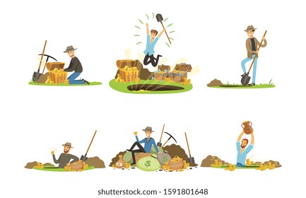 Treasure Hunter Sitting on Gemstone Pile Vector Illustrations Set