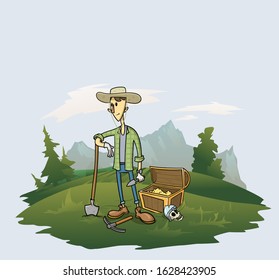 Treasure hunter standing on the meadow with his findings and tools. Flat vector illustration.