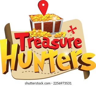 Treasure hunter vector design with gold chest, a map in the background and a pin