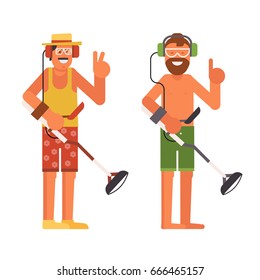 Treasure hunter vector illustration. Smiling beard summer man with beach metal detector in headphones.