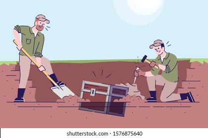 Treasure hunters flat vector illustration. Archeological expedition. Historical researching. Studying mysteries of past. Two caucasian men digging out old chest cartoon characters