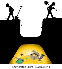 Treasure hunters give up digging too early cartoon, vector, horizontal