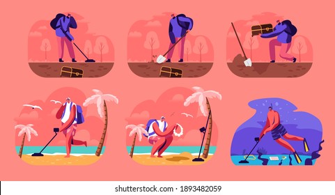 Treasure Hunting Concept. Male and Female Characters with Metal Detector and Shovel Search Hidden Chest with Gold and Jewels on Tropical Island or Underwater Space. Cartoon People Vector Illustration