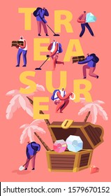 Treasure Hunting Concept. Tiny Male Female Characters with Metal Detectors Searching Hidden Chest with Gold and Jewels on Tropical Island Poster Banner Flyer Brochure. Cartoon Flat Vector Illustration